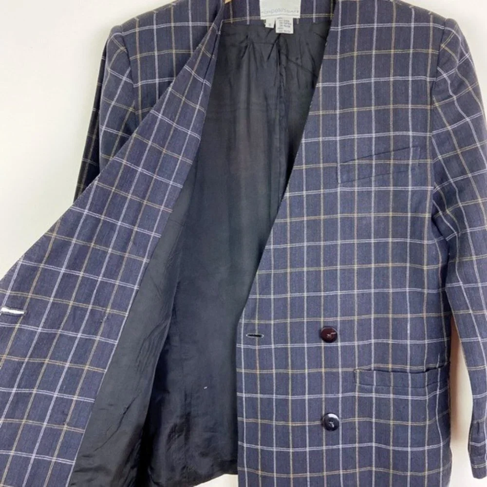 Vintage 90's Linen-Blend Plaid Double Breasted Blazer - Picture 5 of 13